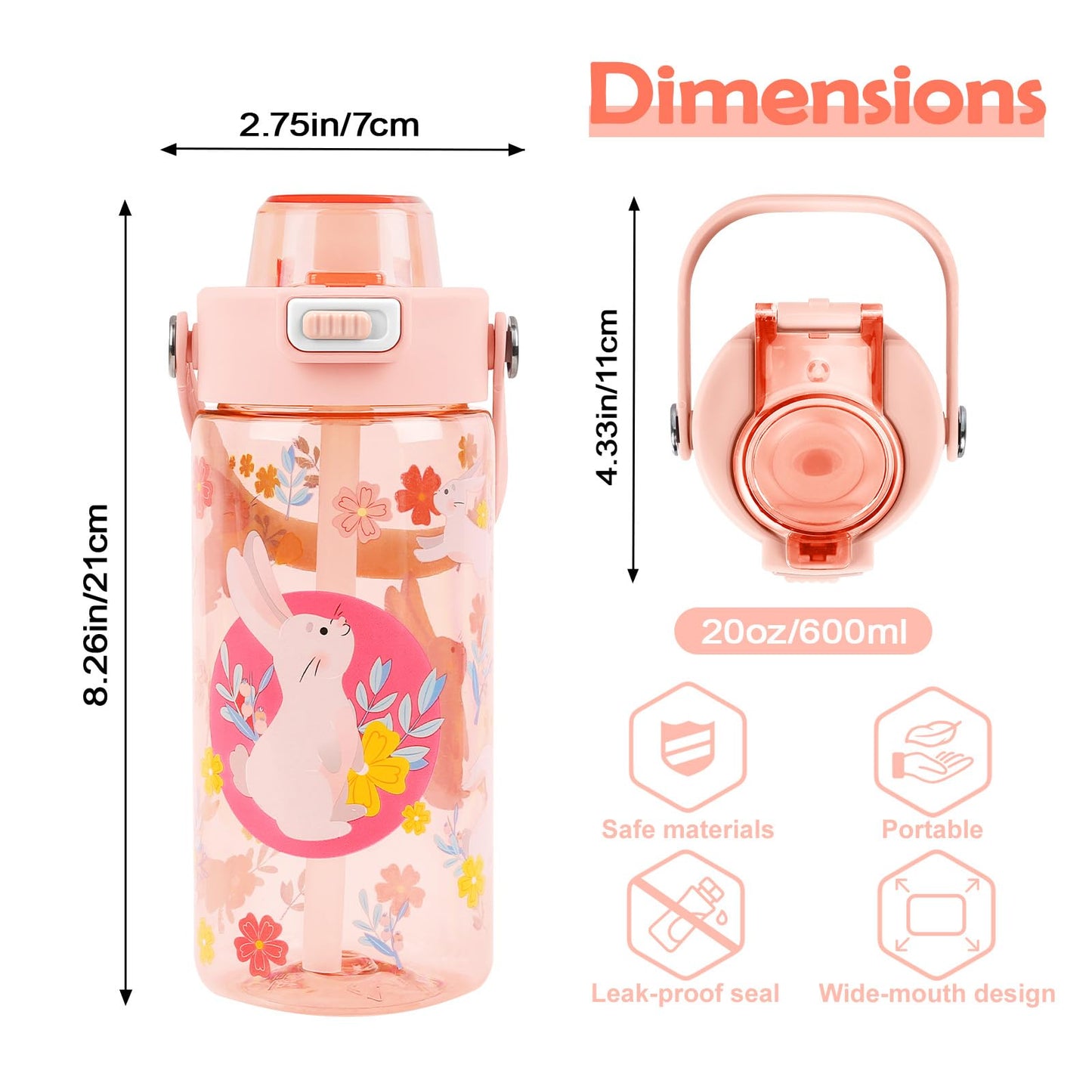 alldomess 20oz Kids Water Bottle For School or Travel, Leak-Proof & Dishwasher, Durable Plastic Sport Water Bottle With Straw and Handle, Rabbit