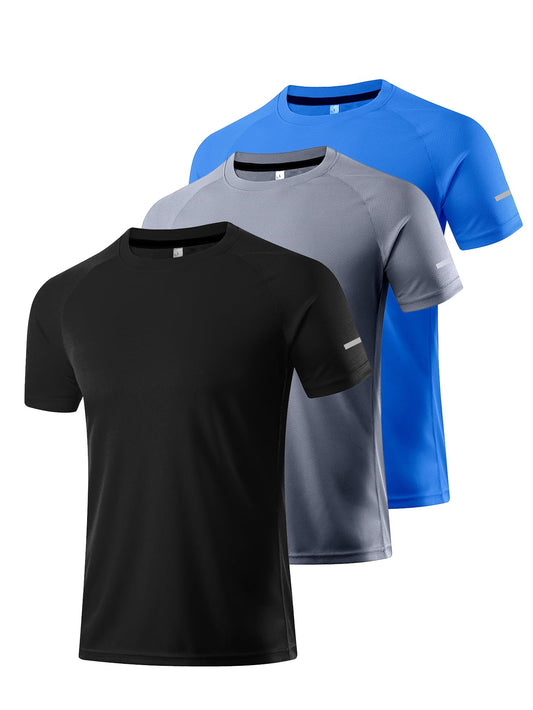 3 Pack Men’s Active Quick Dry Crew Neck T Shirts | Athletic Running Gym Workout Short Sleeve Tee Tops Bulk Black/Grey/Blue