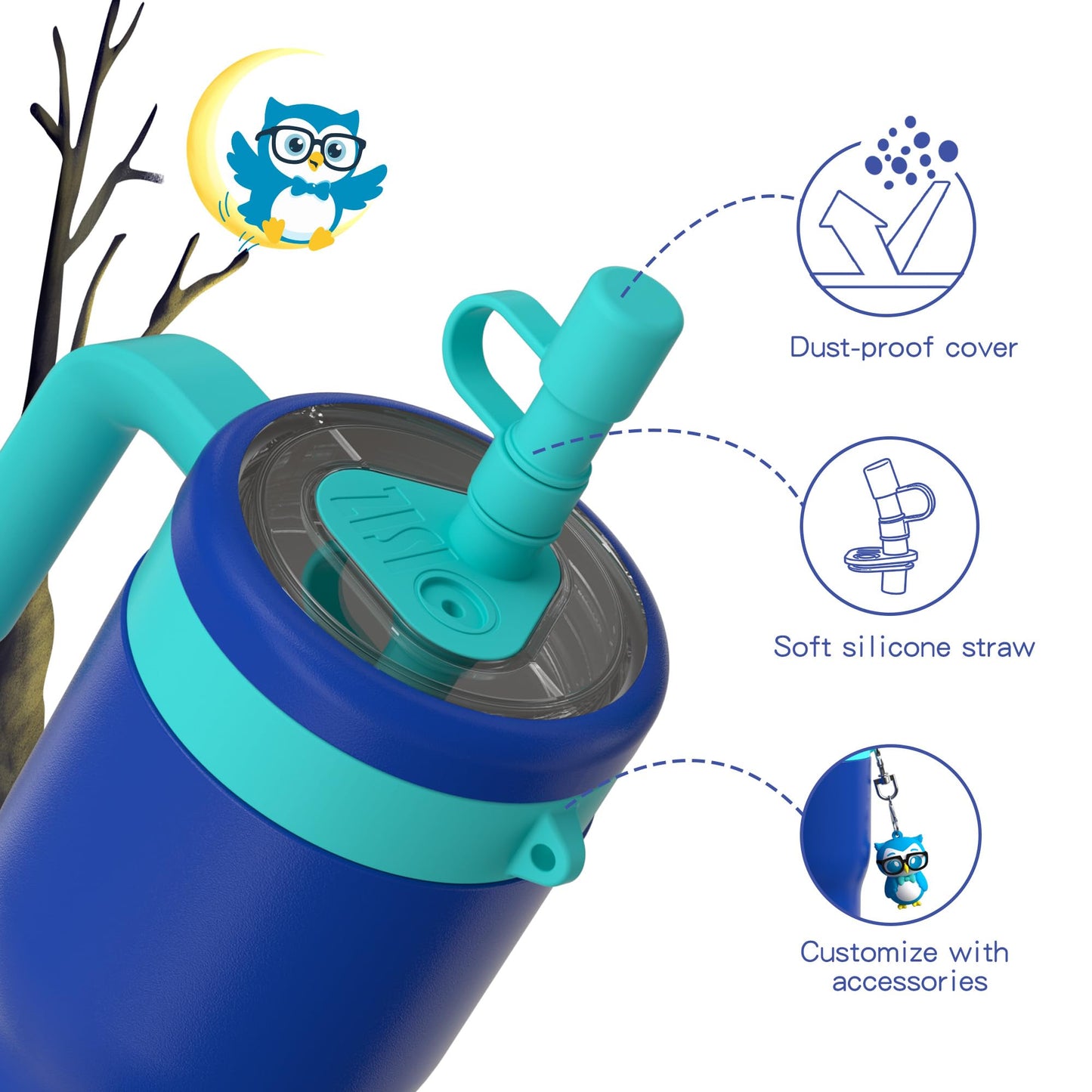 OISIZ 14oz Kids Tumbler with Straw Lid & Handle,Kids Cup with Animal Accessory for School,Kids Water Bottles with Dust-proof Cover,Leakproof Water Bottles,316 Stainless Steel,Keep Cold 24 Hours-blue