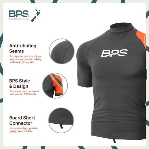 BPS Men's Short Sleeve Swim Shirt/Rash Guard with Sun Protection (Patterned Charcoal Orange, M)