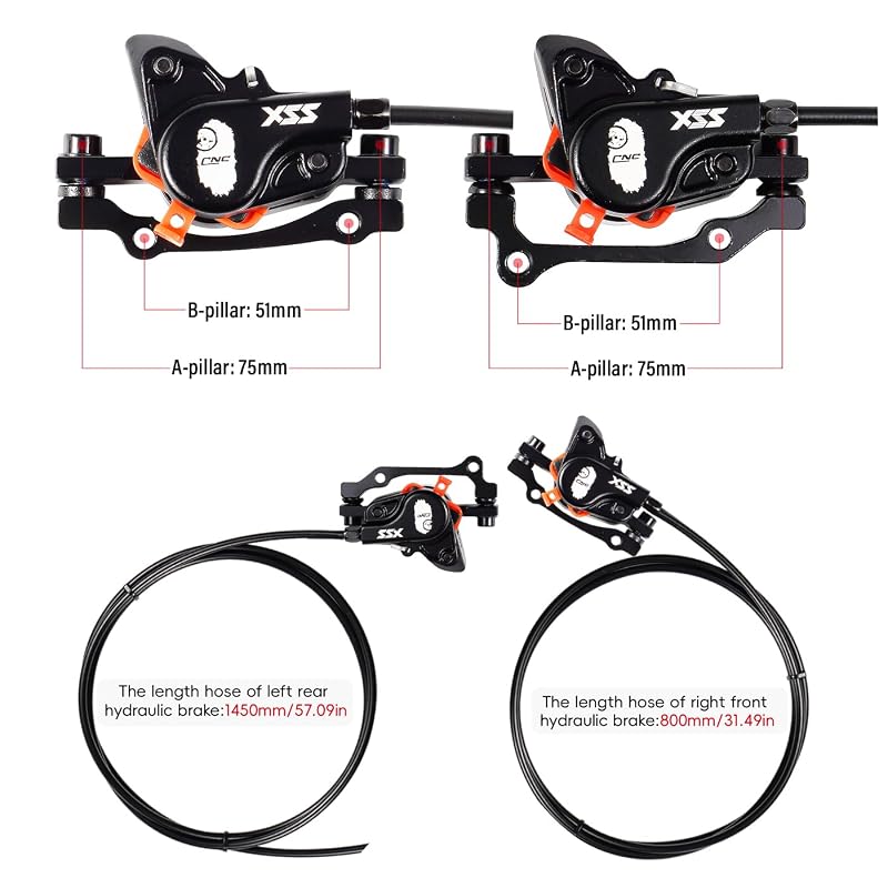 CNC MTB Hydraulic Disc Brake Set - Right Front F160/Left Rear F180, 800mm & 1450mm Hose, Black - Rear Variation