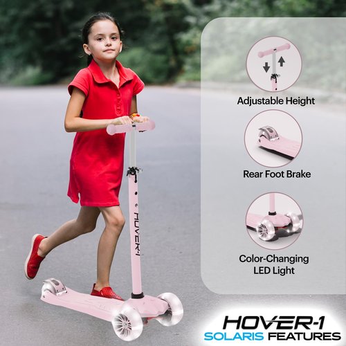 Hover-1 Solaris Kick Scooter with Multicolor Wheel Lights, 4.5??Front Wheels, Rear Foot Brake, and 110 Pound Weight Capacity