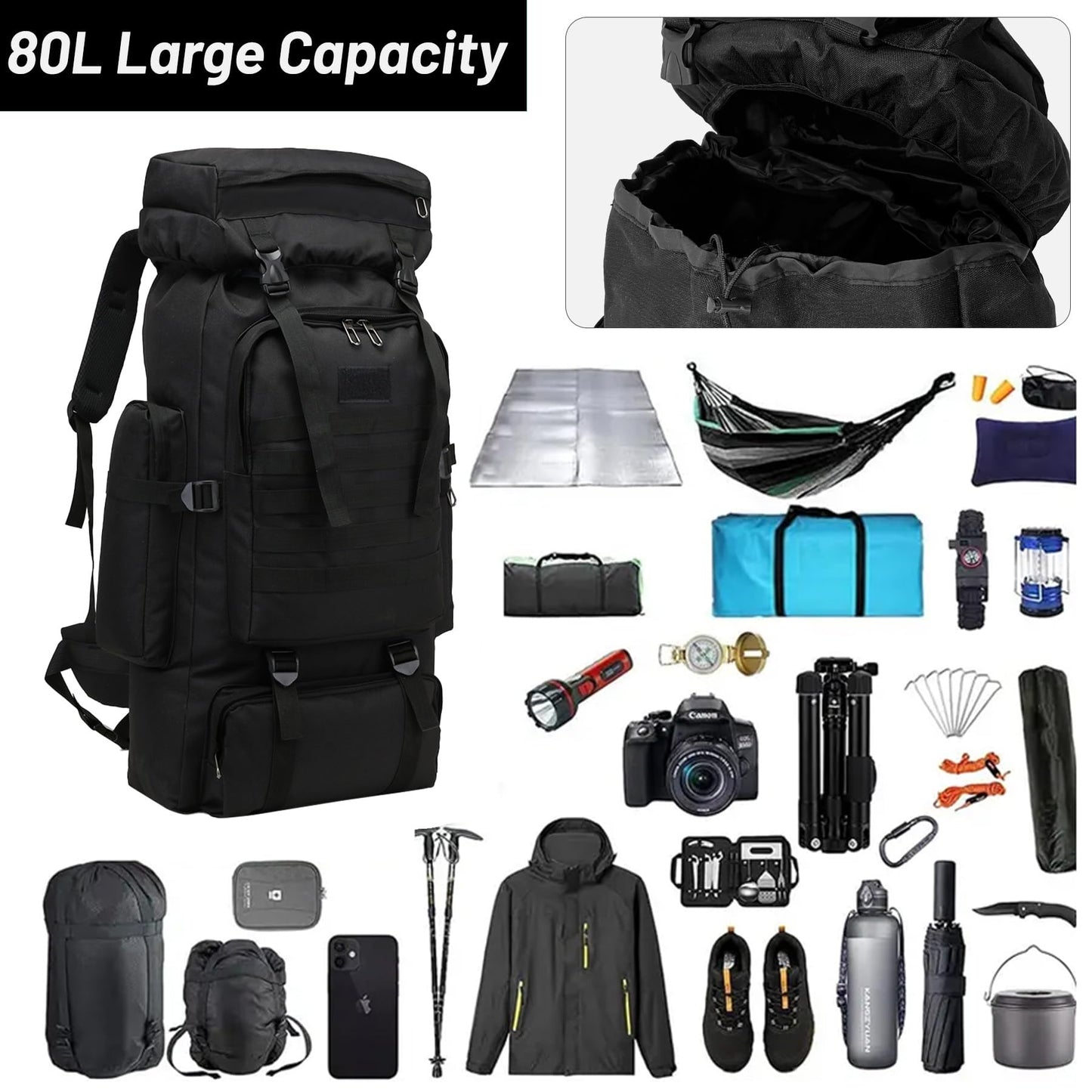 JUMAHE 80L 2Pcs Hiking Backpack for Men with Sling Tactical Backpack - Rucksack Molle Military Tactical Waterproof Lightweight Camping Backpack 3 Day Assault Pack for Travel, Climbing, Backpacking