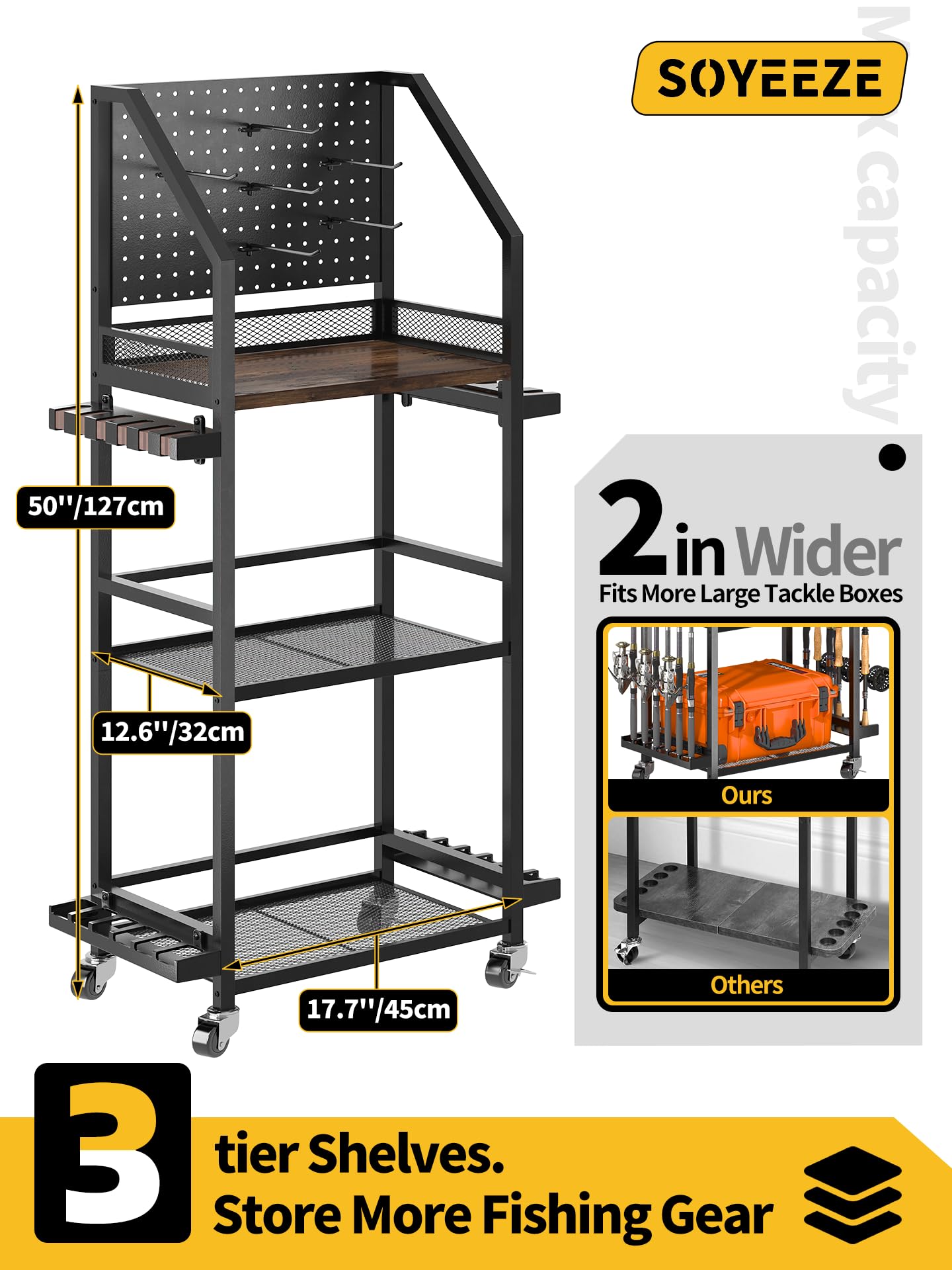 SOYEEZE Fishing Rod Holders for Garage, Fishing Pole Holders Up to 12 Rods with Pegboard and Hooks,Rolling Fishing Cart with Wheels, Fishing Gear Storage For Tackle Box & Reel Organization-6 Hooks