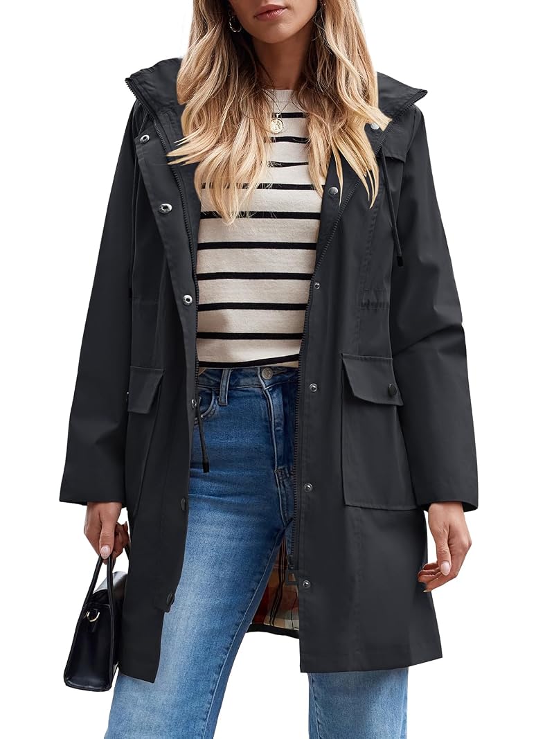 SaphiRose Women's Waterproof Rain Jacket Hooded Lightweight Trench Coat - Black, Medium