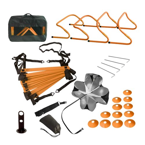 Speed Training Hurdles Set - Agility Footwork Training and Speed Hurdles Ladder, 4 Adjustable Training Hurdle, 20ft Agility Ladder Set with 12 Rungs, 1 Running Parachute and Footwork Drills Equipment