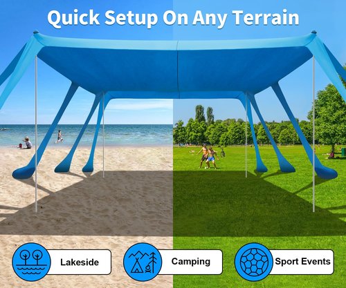 Beach Tent Sun Shelter, Outdoor Pop Up Shade Canopy UPF50+ Protection with 10 Sandbags 4 Stability Poles for Camping, Fishing, Backyard Fun (10×10 FT 4 Pole)