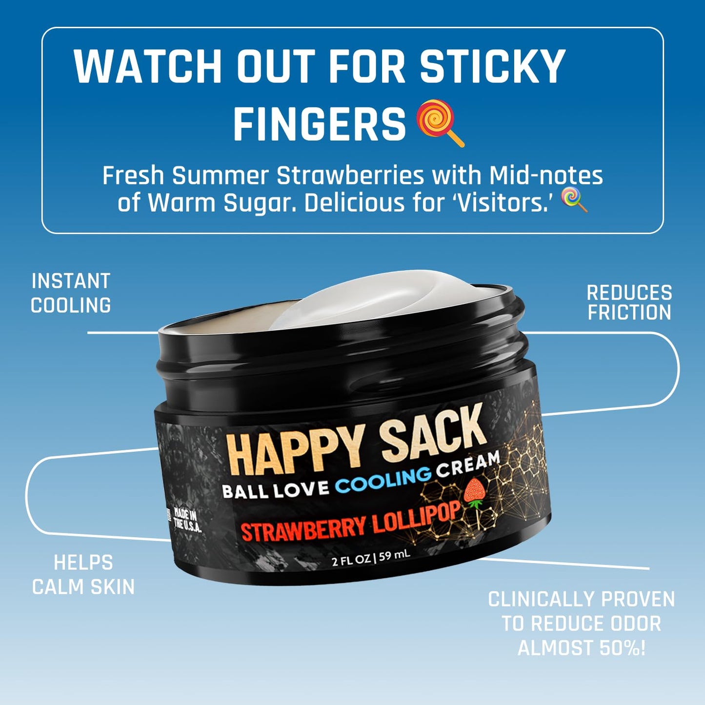 Derm Dude Happy Sack Ball Deodorant & Comfort Cream for Men | Anti-Chafing Sweat Defense, Odor Control, Aluminum-Free Deodorant & Hygiene Products for Men's Private Parts | Strawberry Lollipop, 2oz