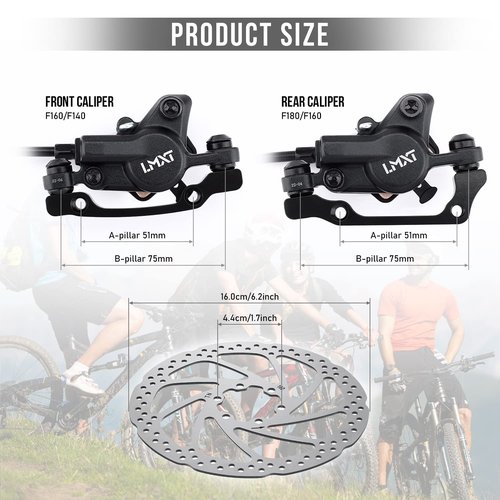 TOBWOLF 1 Pair MTB Disc Brake Set, Hydraulic Disc Brake Kit with 160mm Rotors, Left Front 81cm & Right Rear 147cm, Aluminum Oil Pressure Calipers Levers for Mountain Bike E-Bike Fat Bike Road Bike