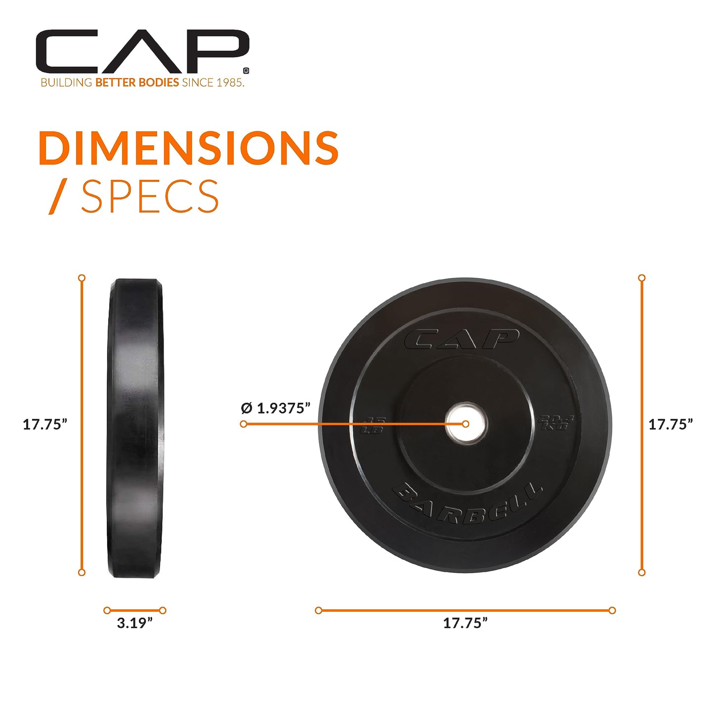 CAP Elite 45 lb Single Olympic Bumper Plate, Medium Bounce Virgin Rubber Weight Plate with Stainless Steel Anchored Hub, 2-Inch Olympic Barbell Compatible for Strength Training, Weightlifting & Home Gym Workouts.