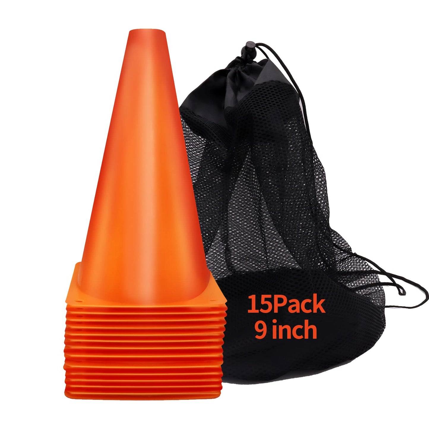 MIVERYEA Cones Sports 9 Inch, 15 Pack Training Cones for Soccer Practice, Agility Field Cone Set for Drills Football Basketball, Plastic Cones for Outdoor Indoor Games