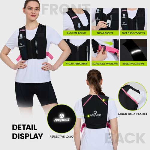 Nepest Running Vest for Women, Hydration Vest with 500ml Soft Flask, Reflective Vest for Cycling, 5.6oz Ultra-Thin Mesh Fabric, Pink