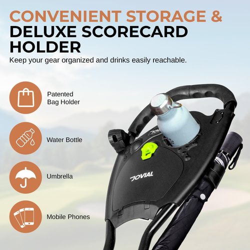 JOVIAL 3 Wheel Golf Push Cart - Lightweight Aluminum Frame, Ergonomic Handle, Deluxe Scorecard Holder, Easy Folding and Unfolding, Foot Brake, Patented Bag Holder, Ample Storage for Gear