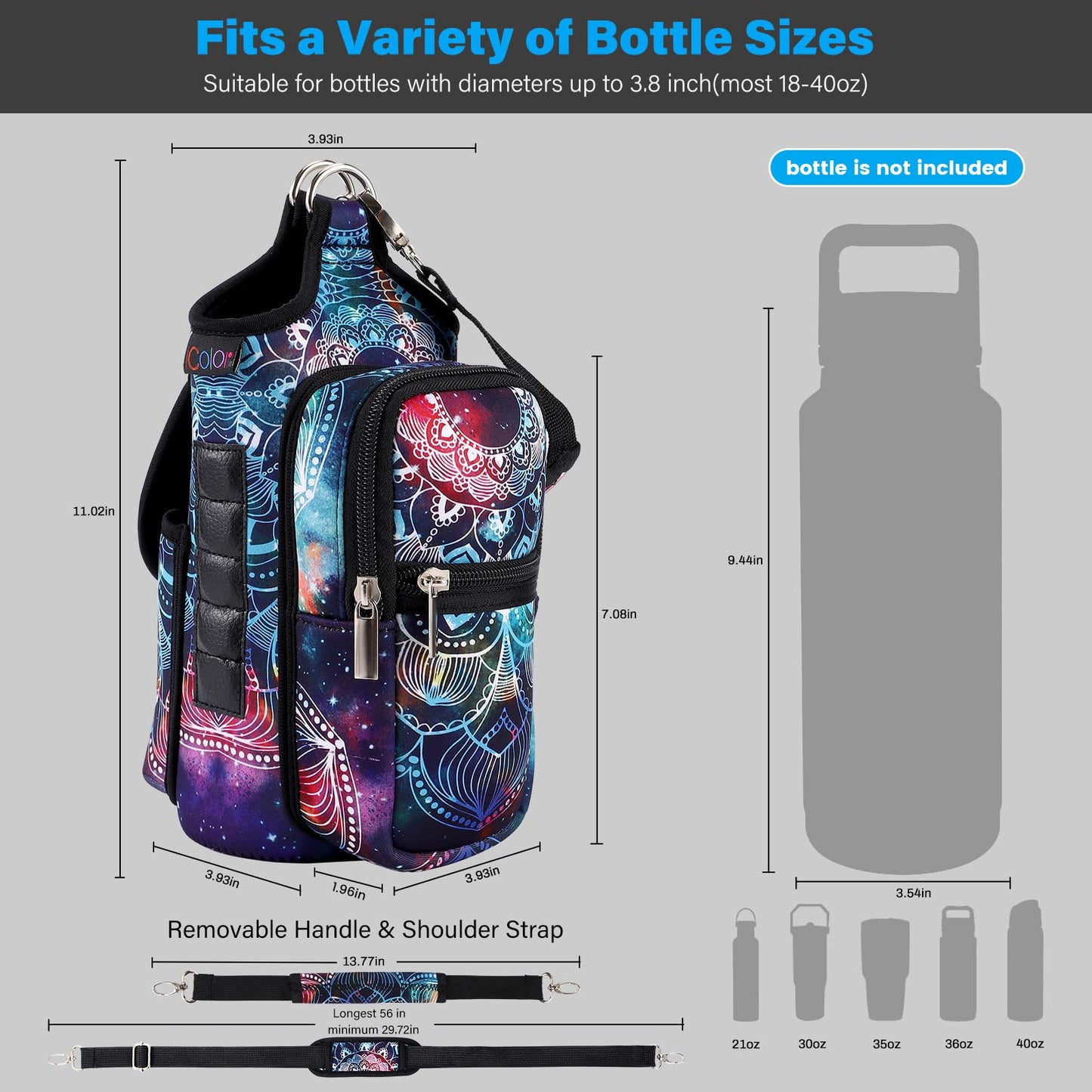 icolor Magnetic Gym Bag Water Bottle Carrier Holder with Phone Pockets & Shoulder Strap,5 Built-in Magnets Gym Bottle Pouch Sleeve,Magnetic Bag Gym Accessories Organizer for Men Women (Mandala)