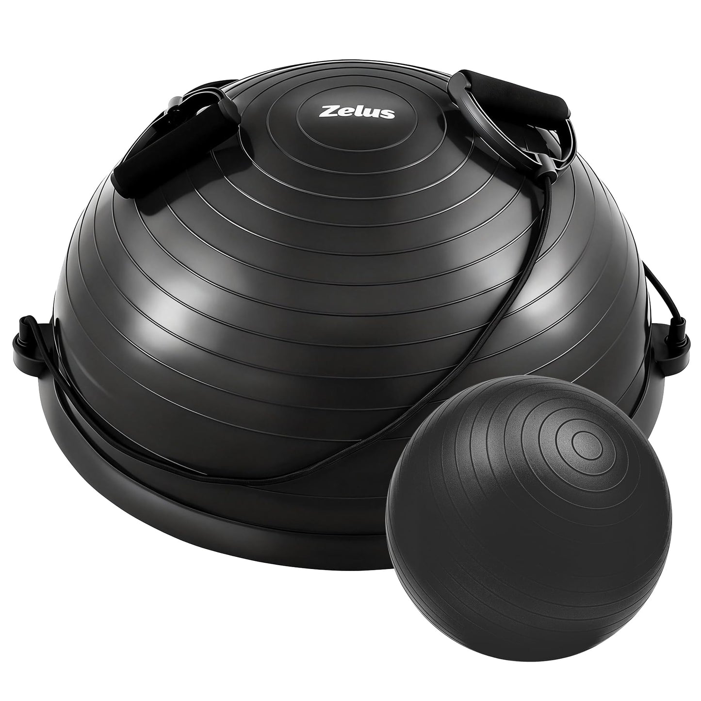 ZELUS Half Balance Ball Trainer, 23 inch Half Exercise Ball with Nonslip Base, 330lbs Cap Half Yoga Ball with Resistance Bands & Foot Pump, Extra Ball Included, Strength Fitness Ball for Home Gym