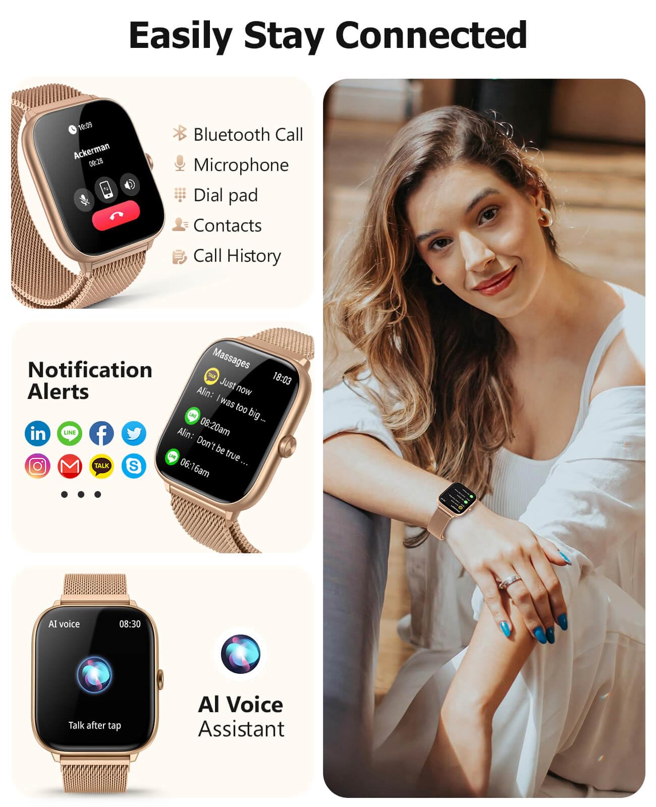 Smart Watch for Women with Blood Pressure Monitor, 2.06" AMOLED Display, IP68 Waterproof Fitness Tracker, 118 Sports Modes, Heart Rate/SpO2/Sleep Monitor, Gift for Her, Compatible with Android iPhone