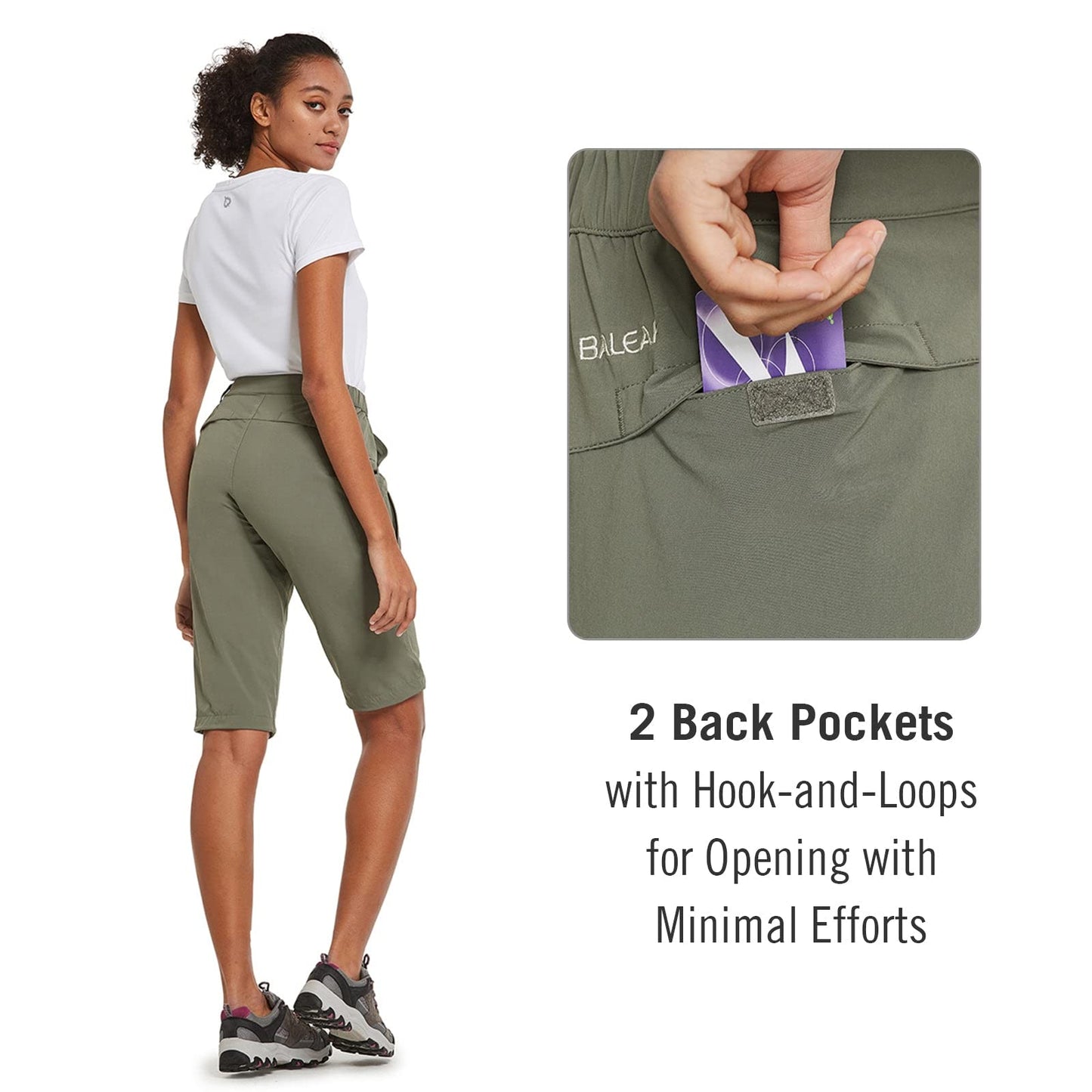 baleaf Women's Hiking Shorts Bermuda Long Knee Length Quick Dry Stretch Elastic Waist for Camping, Travel Sage Green Size S