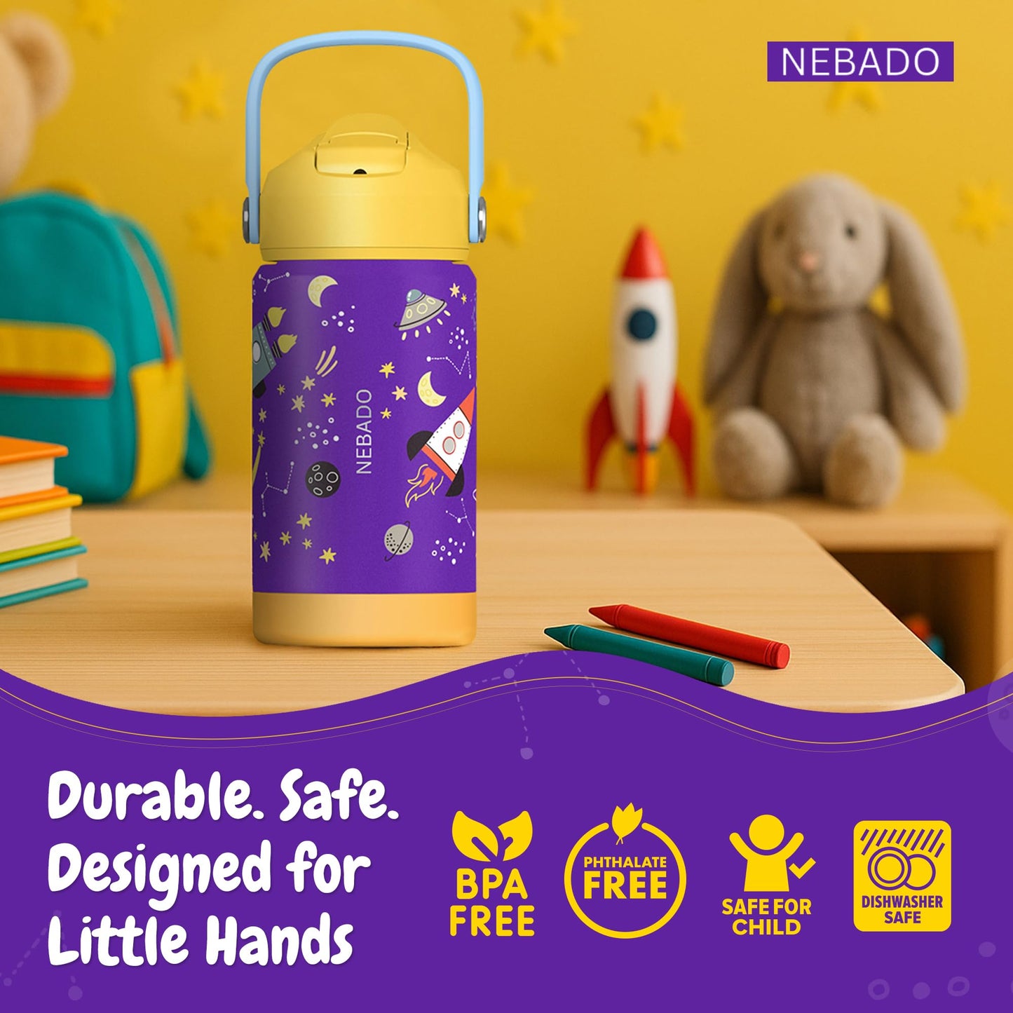 NEBADO Kids Stainless Steel Insulated Water Bottle with Straw 12oz - Leak Proof Toddler Thermos Cup for School, BPA Free with Handle & Non-Slip Silicone Base, Dishwasher Safe, Cosmic Purple