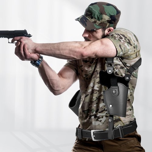 Universal Shoulder Holster for Men Adjustable Leather Gun Holster for Concealed Carry with Double Magazine Pouch Fits 1911, Glock 17/19/23, and Most Pistols (Right Hand Use)