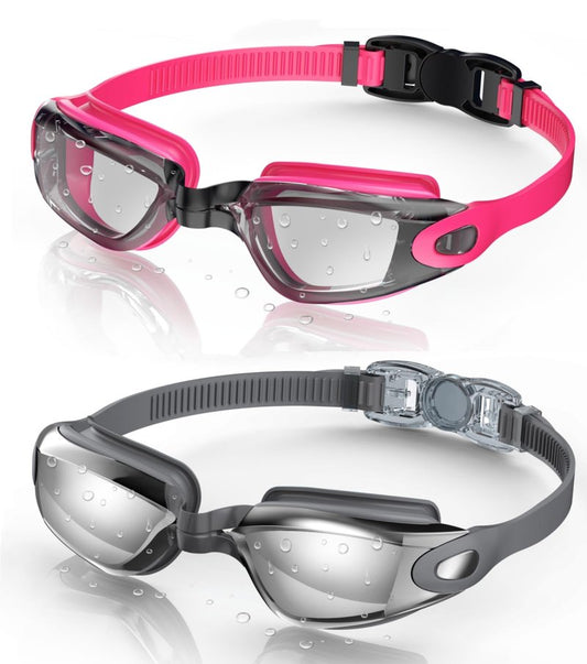 Aegend Swim Goggles, 2 Pack Swimming Goggles No Leaking Adult Men Women Youth, Raspberry-red Black & Gray Silver