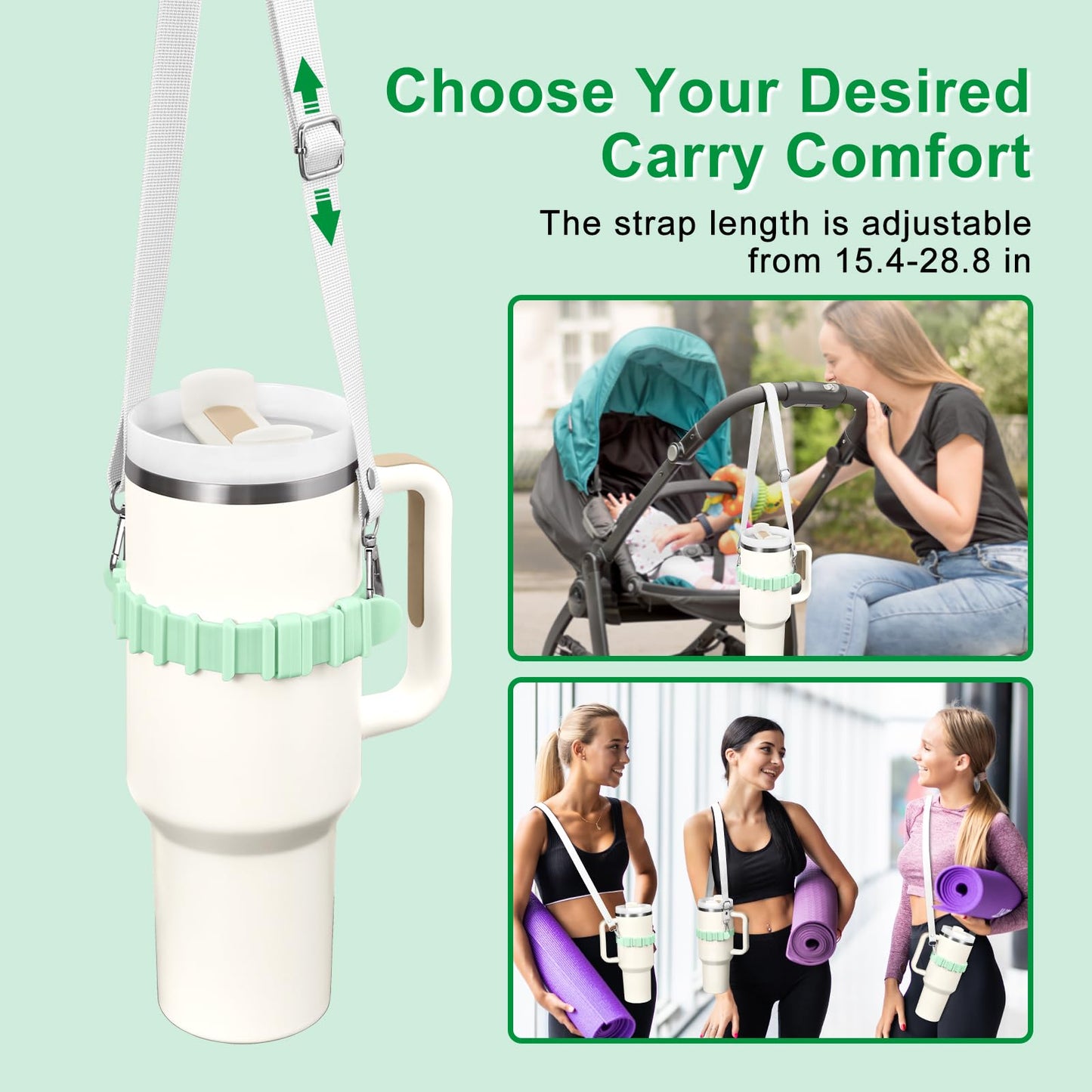 Fumcsy Water Bottle Holder with Strap for Stanley Cup Accessories,Adjustable Shoulder Strap Compatible with Stanley Tumbler,Owala,Hydroflask, YETI and More（Green）