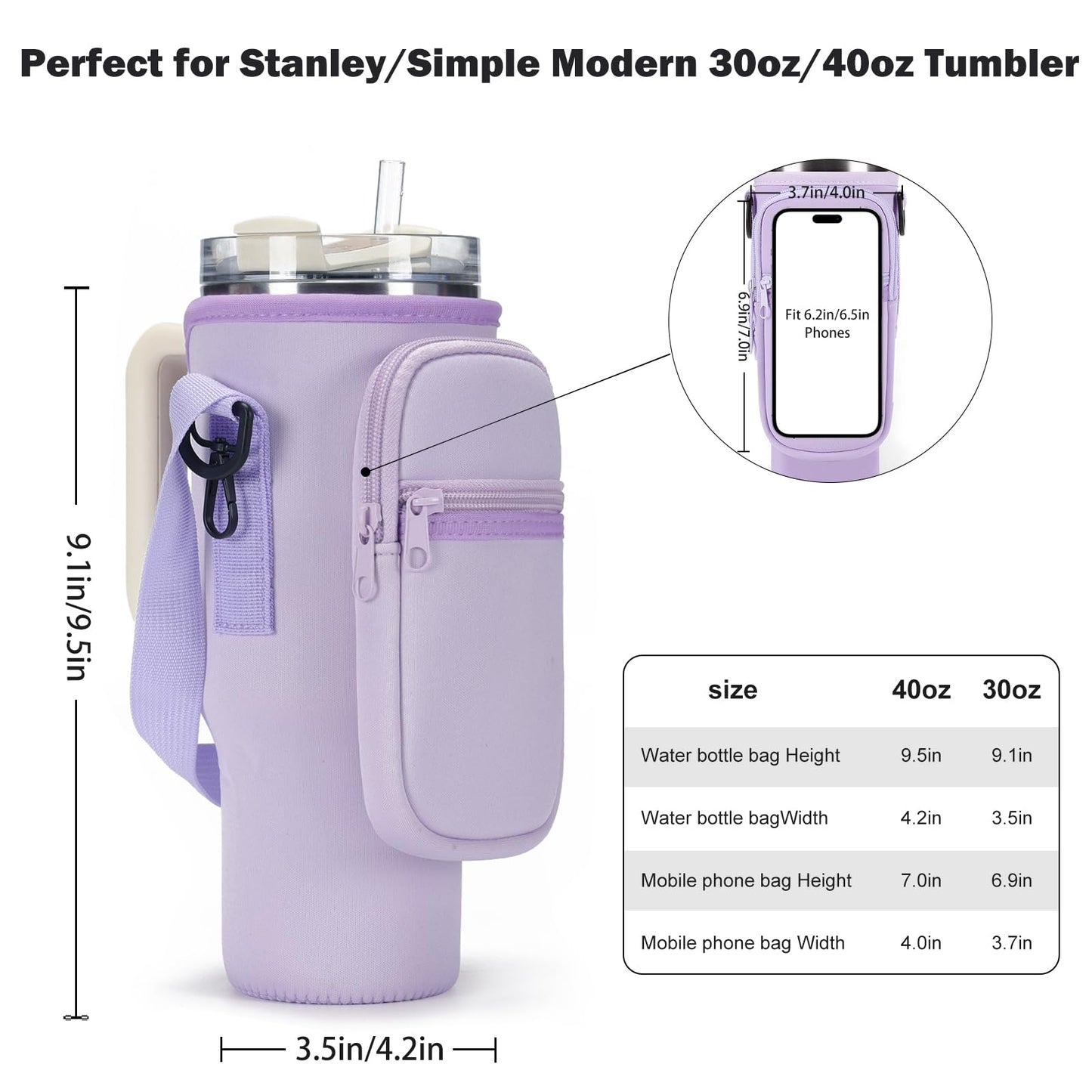 GOEWY Water Bottle Carrier Bag for Stanley 30 oz Tumbler with Phone Pocket Neoprene Water Bottle Holder with Shoulder & Handheld Strap Stanley Cup Accessories