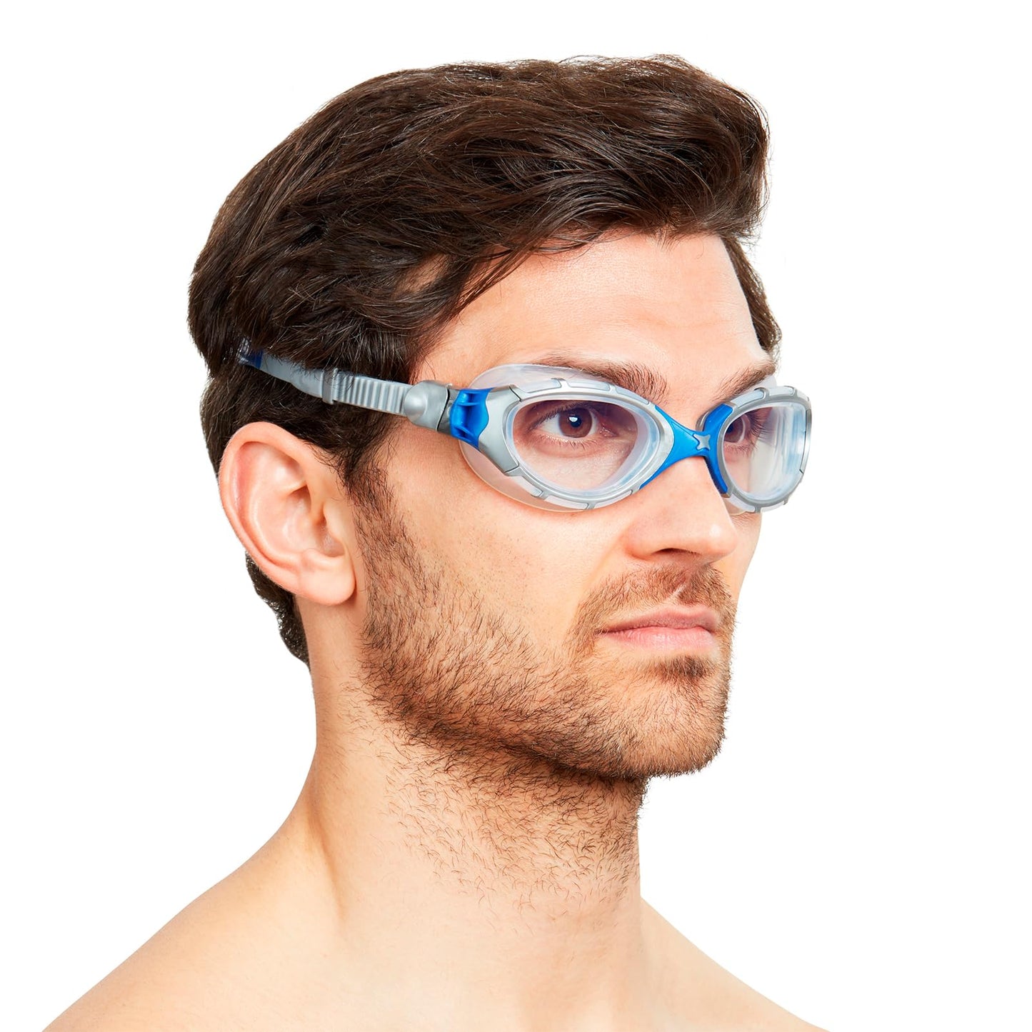 Zoggs Adult Unisex Predator Flex Anti-Fog UV Protection Curved Lens Ultra-Fit Gasket Quick-Adjust Swimming Goggles, Gray/Blue - Clear Lenses, Regular