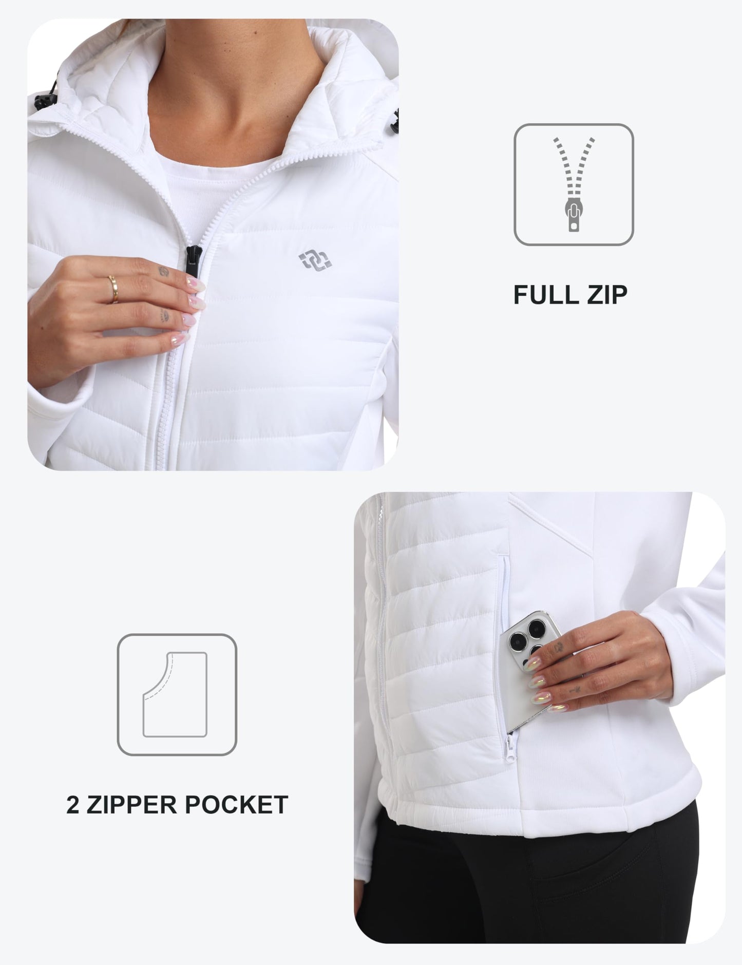 MoFiz Women's Lightweight Warm Jacket Running Insulated Windproof Fall Jackets Winter Hiking Hybrid Puffer Coat White L