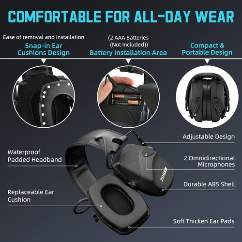 ZOHAN EM054 Electronic Ear Protection for Shooting Range with Sound Amplification Noise Reduction, Ear Muffs for Gun Range (Black)