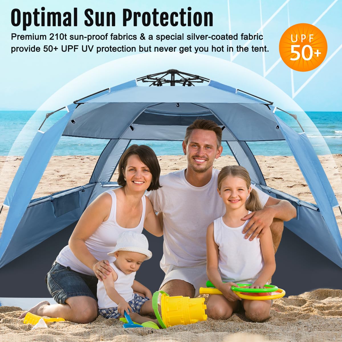 WhiteFang Deluxe XL Pop Up Beach Tent Sun Shade Shelter for 3-4 Person, UV Protection, Extendable Floor with 3 Ventilating Windows Plus Carrying Bag, Stakes, and Guy Lines (Light Blue)