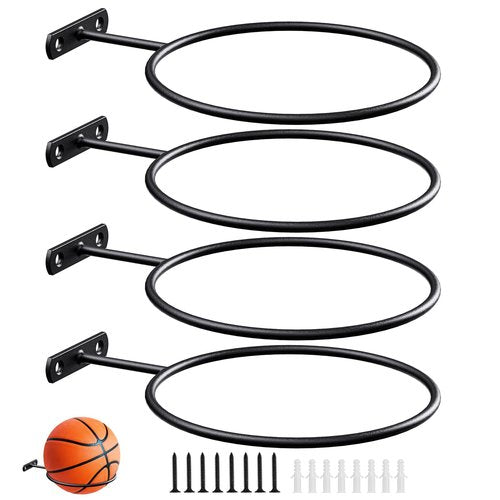 QTJUST 6in 4Pack Basketball Holder Wall Mmount Universal Ball Rack Metal Black Rack Holder Space Saver for Basketball Football Volleyball Soccer Storage Display Black
