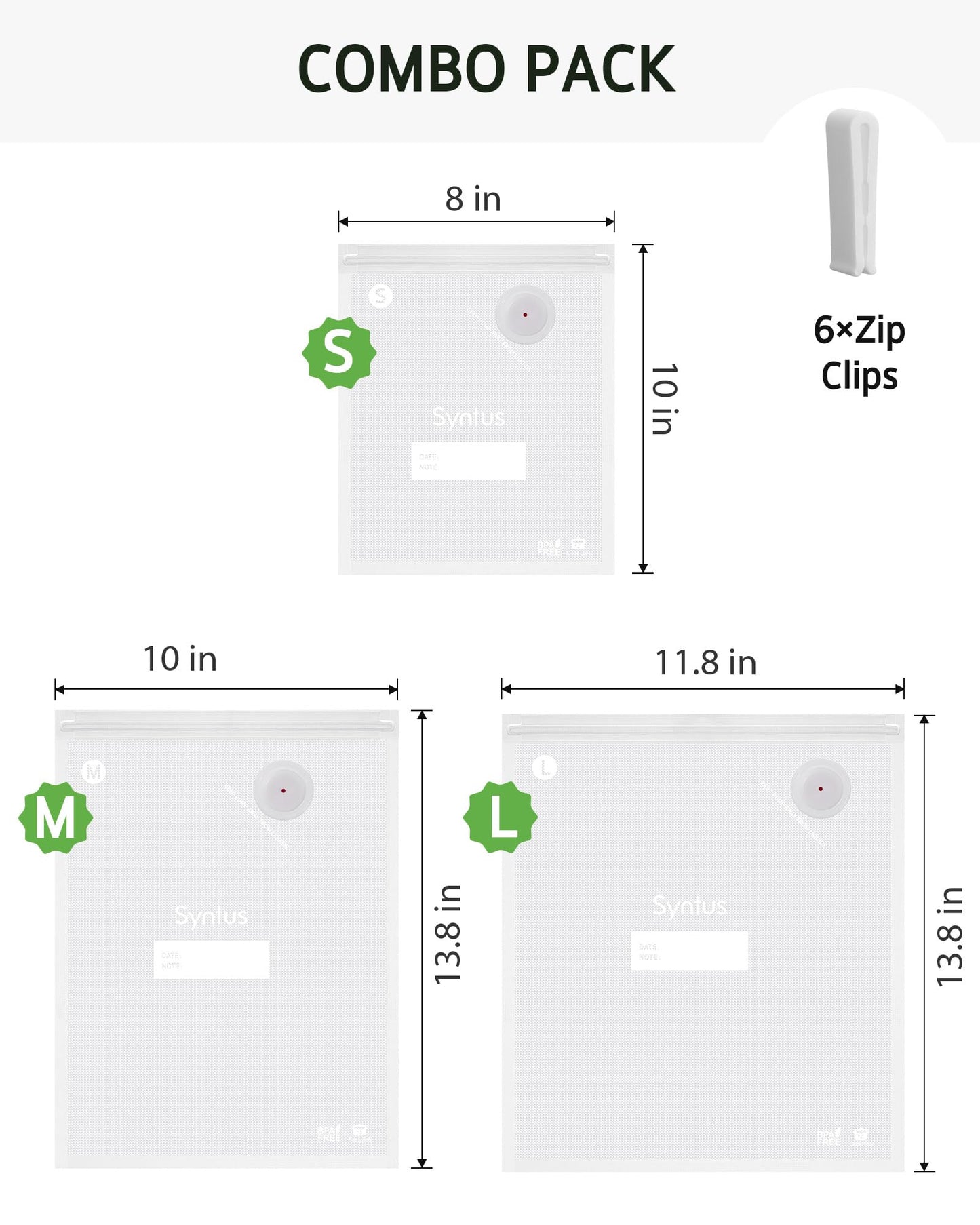 Syntus Vacuum Sealer Bags for Food, 60 Pcs (S+M+L) 8" x 10" and 10" x 13.8" and 11.8" x 13.8" Food Storage Bags for Sous Vide Cooking Microwave Heating, Air Valve Zipper Bags