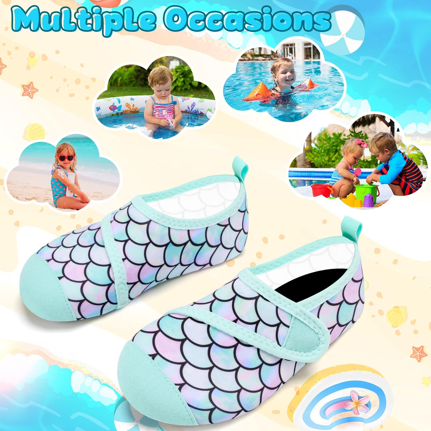VIFUUR Kids Water Shoes Boys Girls Barefoot Water Sports Socks Hook&Loop Beach Shoes Quick Dry Aqua Socks Swim Walking Outdoor Sports for Toddler Fish Scales Green-24/25