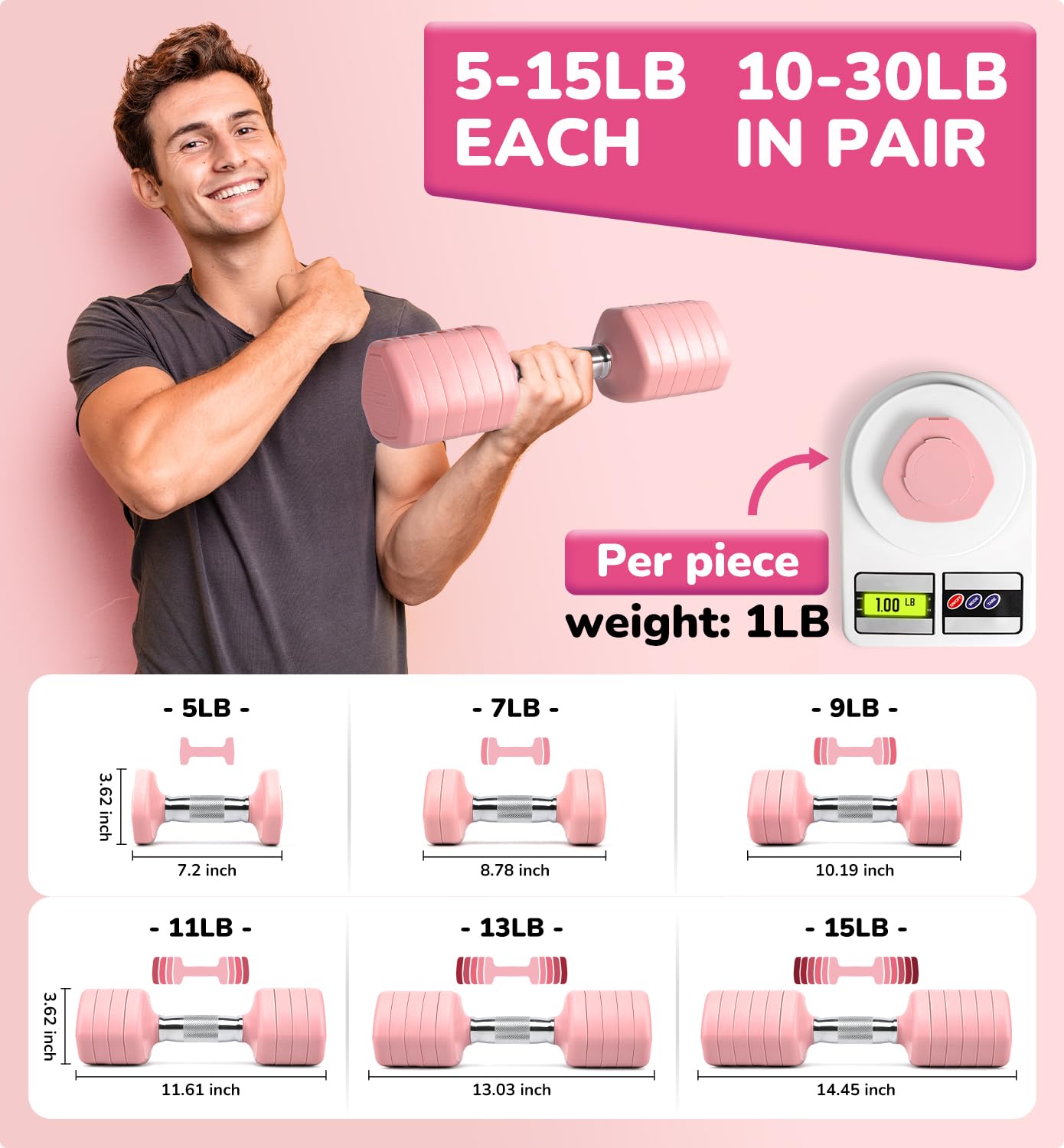 Adjustable Dumbbell Set of 2, 30LBS Hand Weights for Women Men 6-in-1 Free Weight Dumbbells Sets at Home, Each 5lb 7LB 9LB 11LB 13LB 15LB for Home Gym Exercise Workout Strength Training Equipments Pink