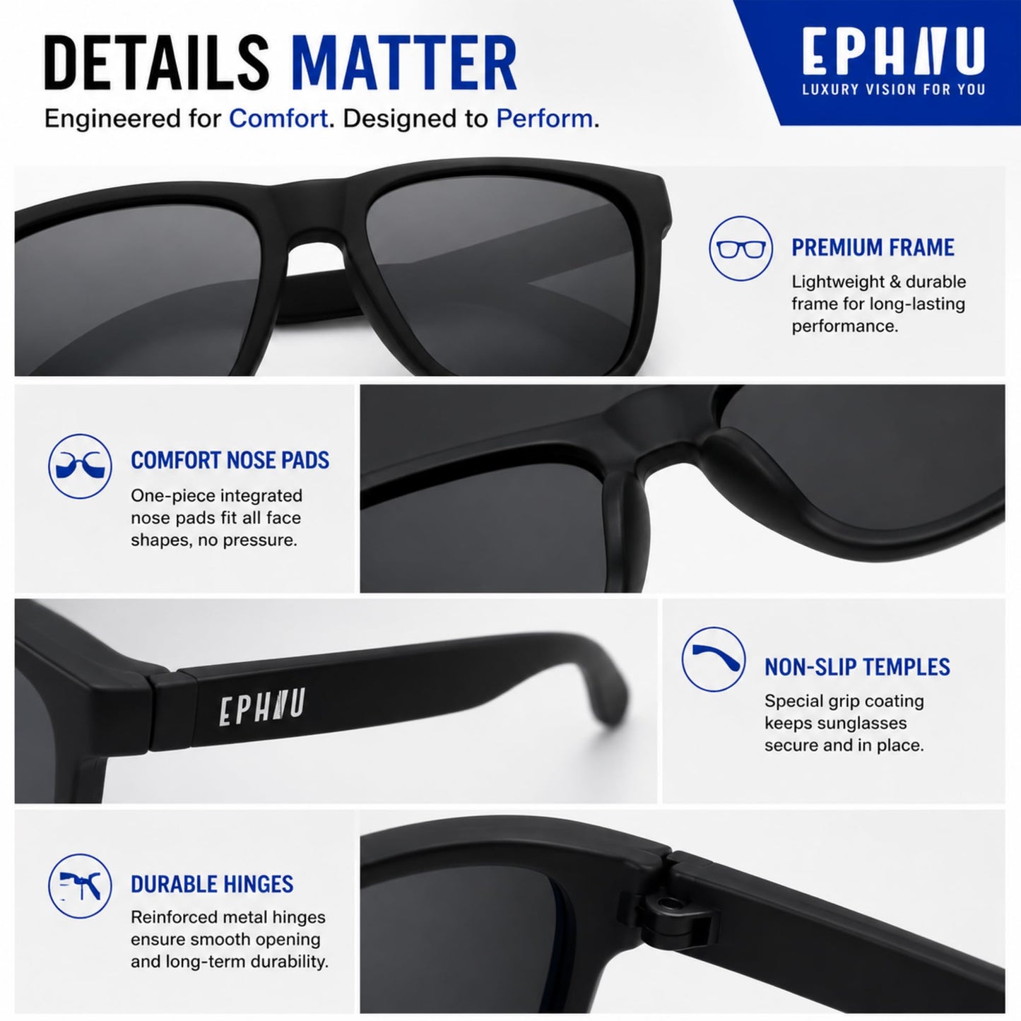 EPHIU Polarized Sports Sunglasses for Men Women Mirror Lens - Lightweight UV400 Running Sunglasses No Bounce No Slip for Hiking Cycling, Black/Grey