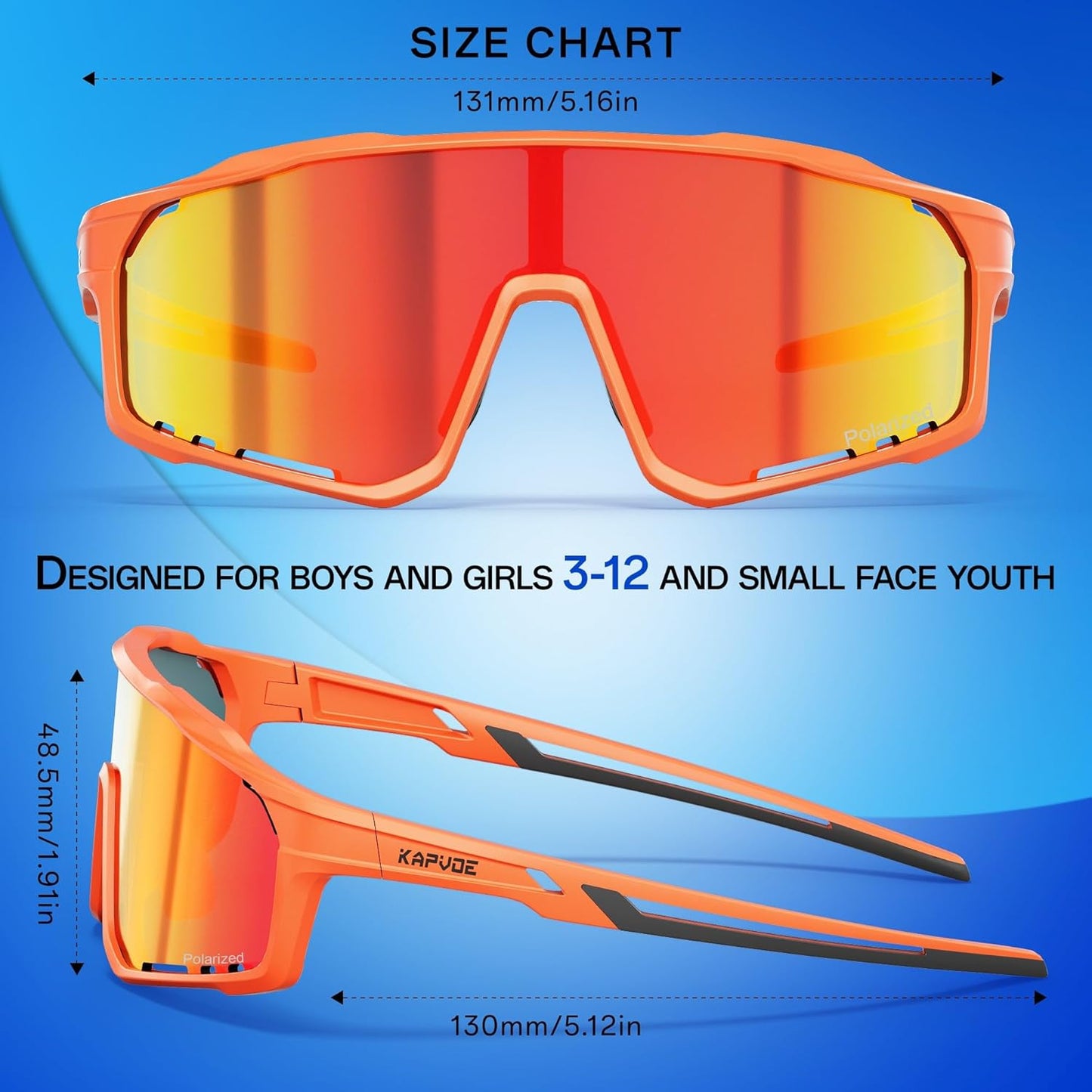 KAPVOE Kids Baseball Glasses Youth Polarized Sports Sunglasses Softball Cycling Running Shades Boys Girls Age 3-14 - K9033