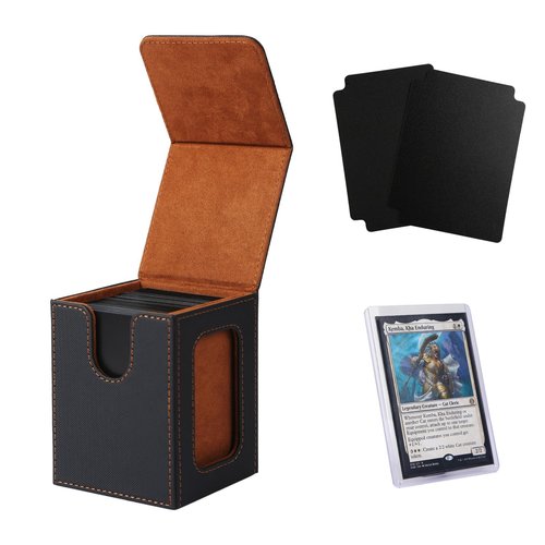 Venssu MTG Deck Box for Commander Display,Card Deck Box Fits 100 Double Sleeved Cards, TCG Card Storage with 2 Dividers and 1 Toploader (Black＆Brown)