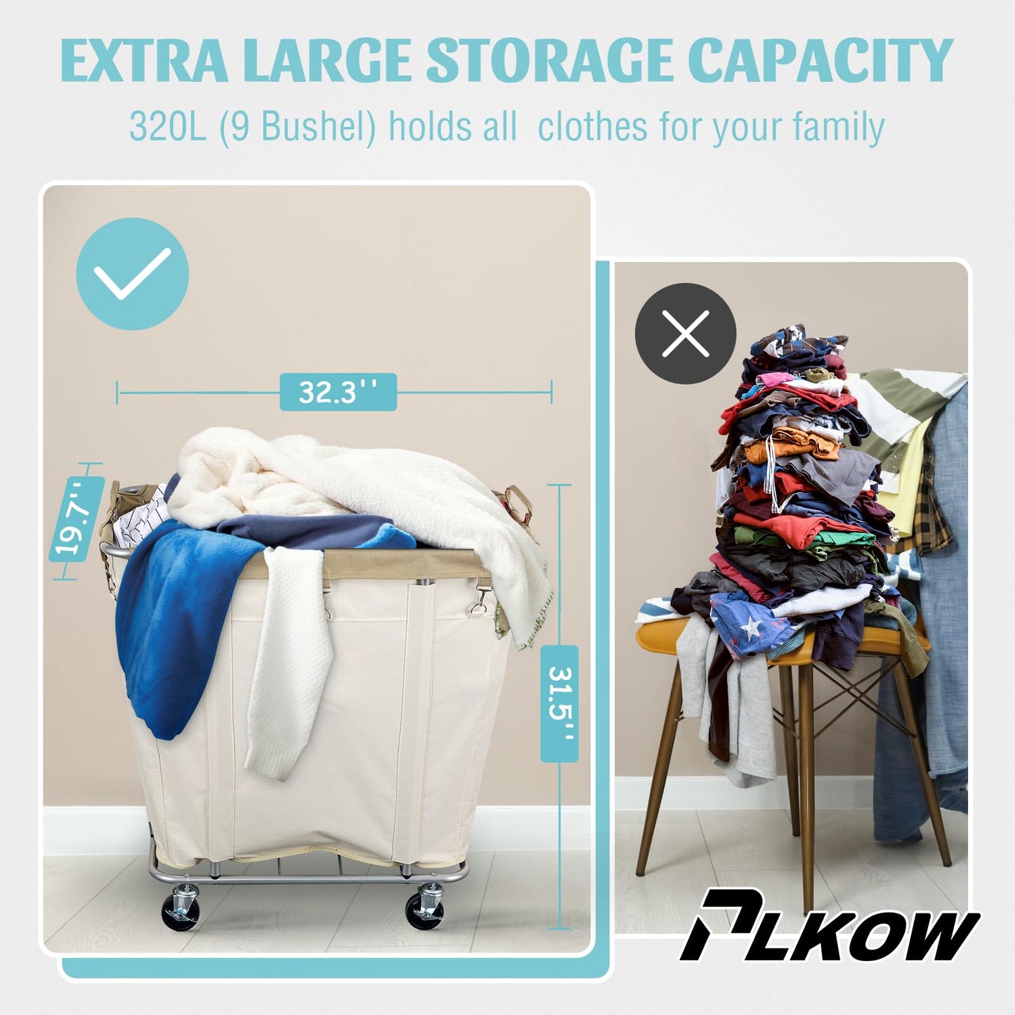 PLKOW Laundry Cart with Wheels 320L Large Rolling Laundry Cart for Commercial/Home, Rolling Laundry Basket with Steel Frame and Waterproof Lining, 9 Bushel, 32.3L x 19.7W x 30.7H Inch, Beige