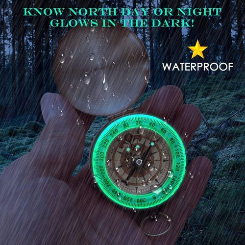 Tebery 2 Pack Classic Pocket Style Copper Clamshell Compass, Glow in The Dark Military Compass Survival Gear Compass, Waterproof Luminous Kids Compass for Hiking Camping Hunting Climbing (Brass)