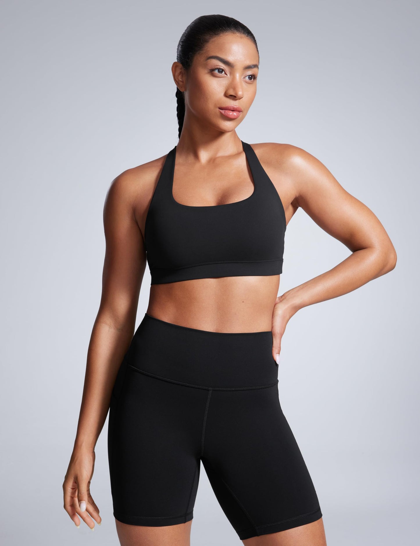 CRZ YOGA Butterbreeze Square Neck Sports Bras for Women - Strappy Thin Straps Workout Traning Padded Gym Halter Cami Top Black Medium