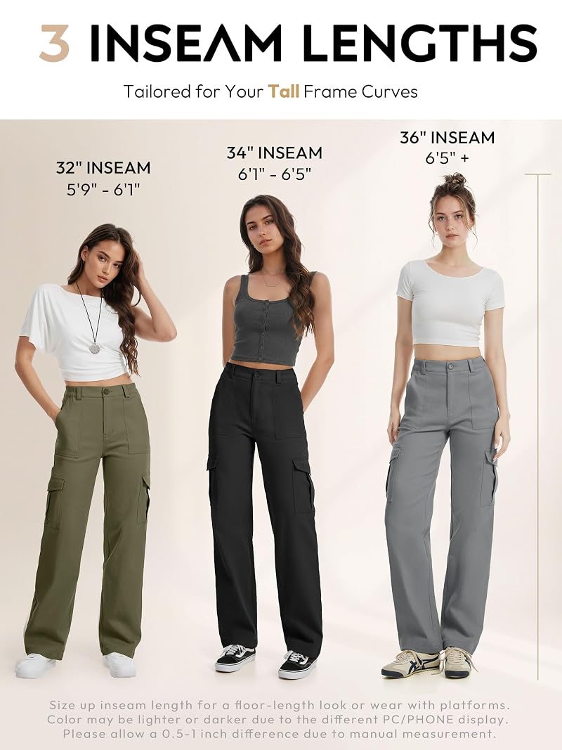 Tall Cargo Pants for Women 34" Inseam - Y2K Straight Leg, 6 Pockets, Black XXL+