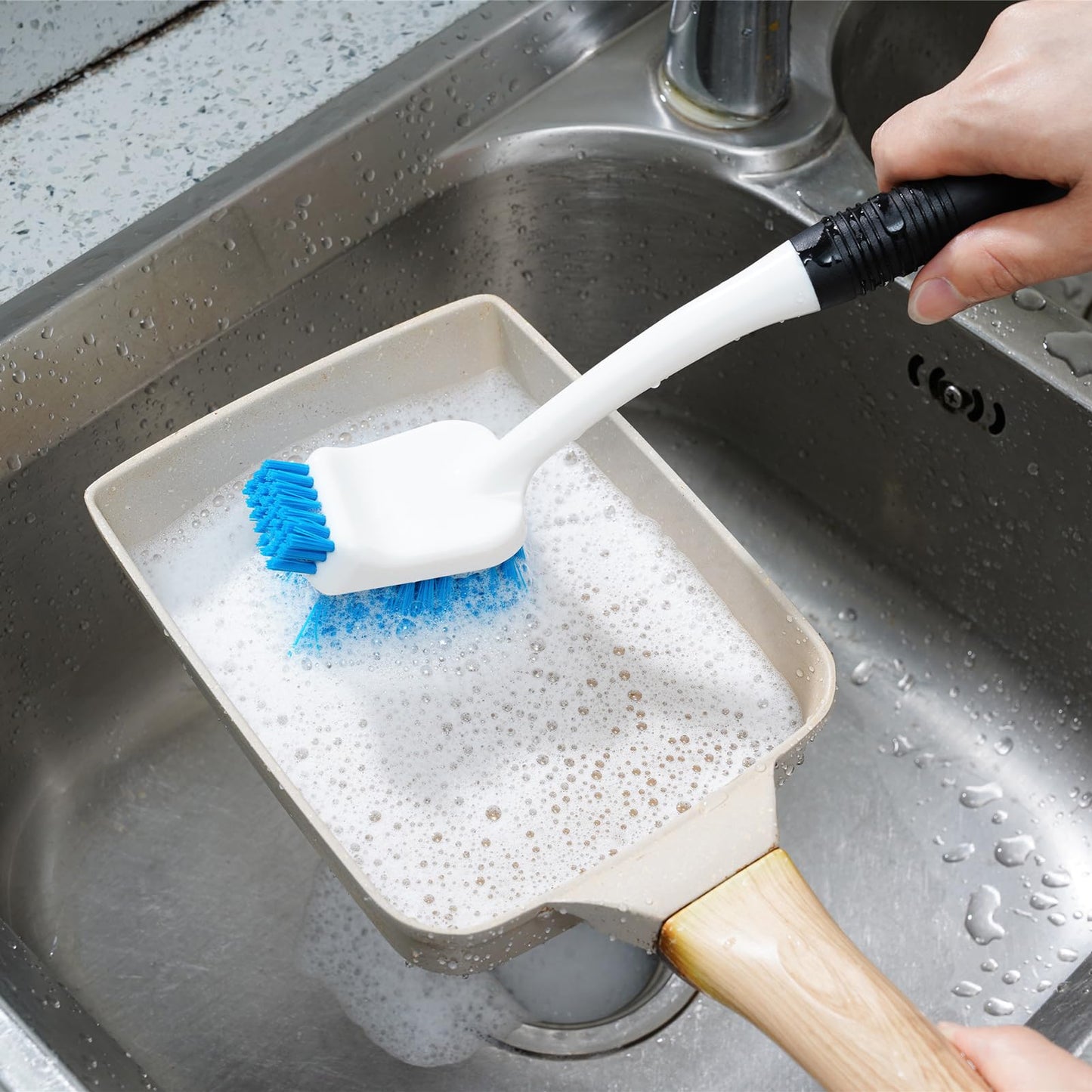 MOSOLAN Dish Brush Set of 3 with Water Bottle Brush, Dish Scrub Brush and Scrubber Brush, Long Handle Kitchen Scrub Brushes for Dishes, Bottles, Cups, Pots, Pans and Sinks, Round Head