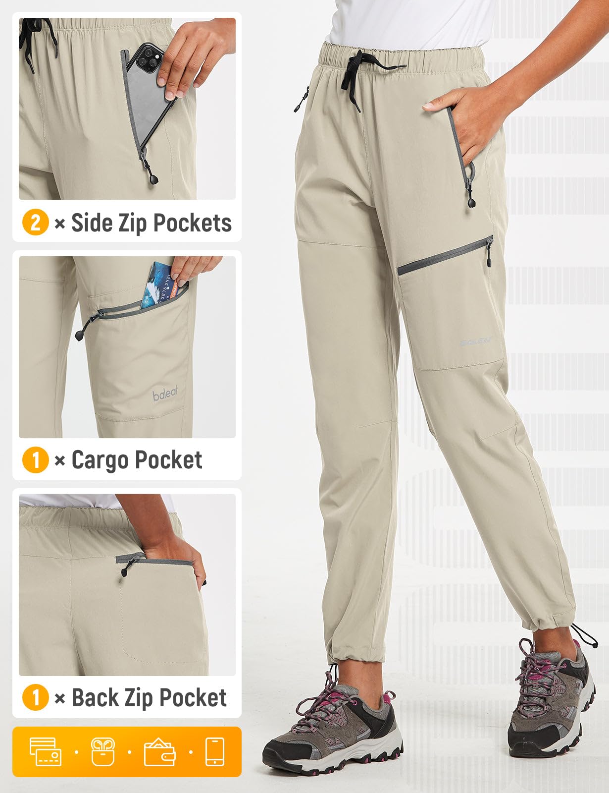 baleaf Women's Hiking Pants Quick Dry Water Resistant Lightweight Joggers Pant for All Seasons Elastic Waist Suntan Size L