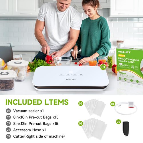 Amz Jet Vacuum Sealer for Food - Tempered Glass Panel, LED Touch Control, Digital Display, Pulse/Moist/Dry/Seal/External Suction Modes, Includes 30 Vacuum Bags & Built-in Cutter(White)