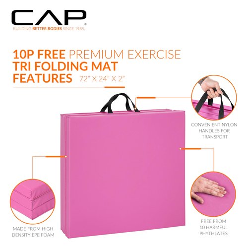 CAP Barbell Folding Exercise Mat – Durable, Anti-Tear, Thick Padding for Fitness, Aerobics, Gymnastics & Home Workouts. 72"L x 24"W x 2"Thick. PINK