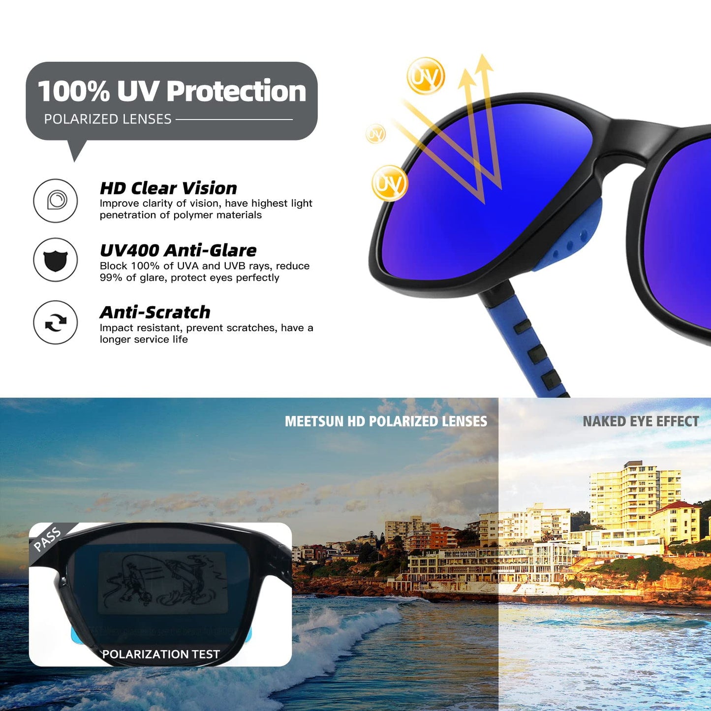 MEETSUN Polarized Sports Sunglasses for Women Men Driving Running Cycling Fishing Sun Glasses UV400 Protection Black Frame-Blue Mirror Lens