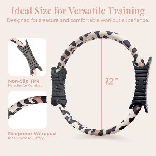 Activery Co. 12” Pilates Fitness Ring for Women – Non-Slip Magic Circle with Dual-Sided TPR Handles, Neoprene-Wrapped, Compact & Travel-Friendly Tool with Exercise Guide - Leopard Print