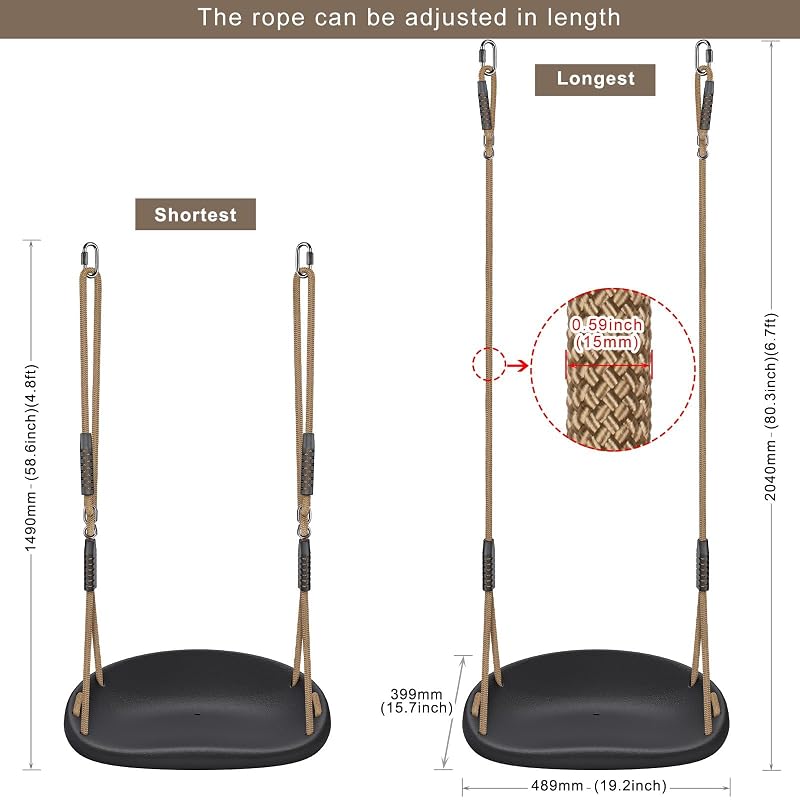 Heavy Duty Swing Seat with Wider Seat, Adjustable 50.5-80.3 in Rope, 500 lb Capacity – Non-Slip Plastic Swing for Kids & Adults, Includes Carabiners (1pc Black) Variation