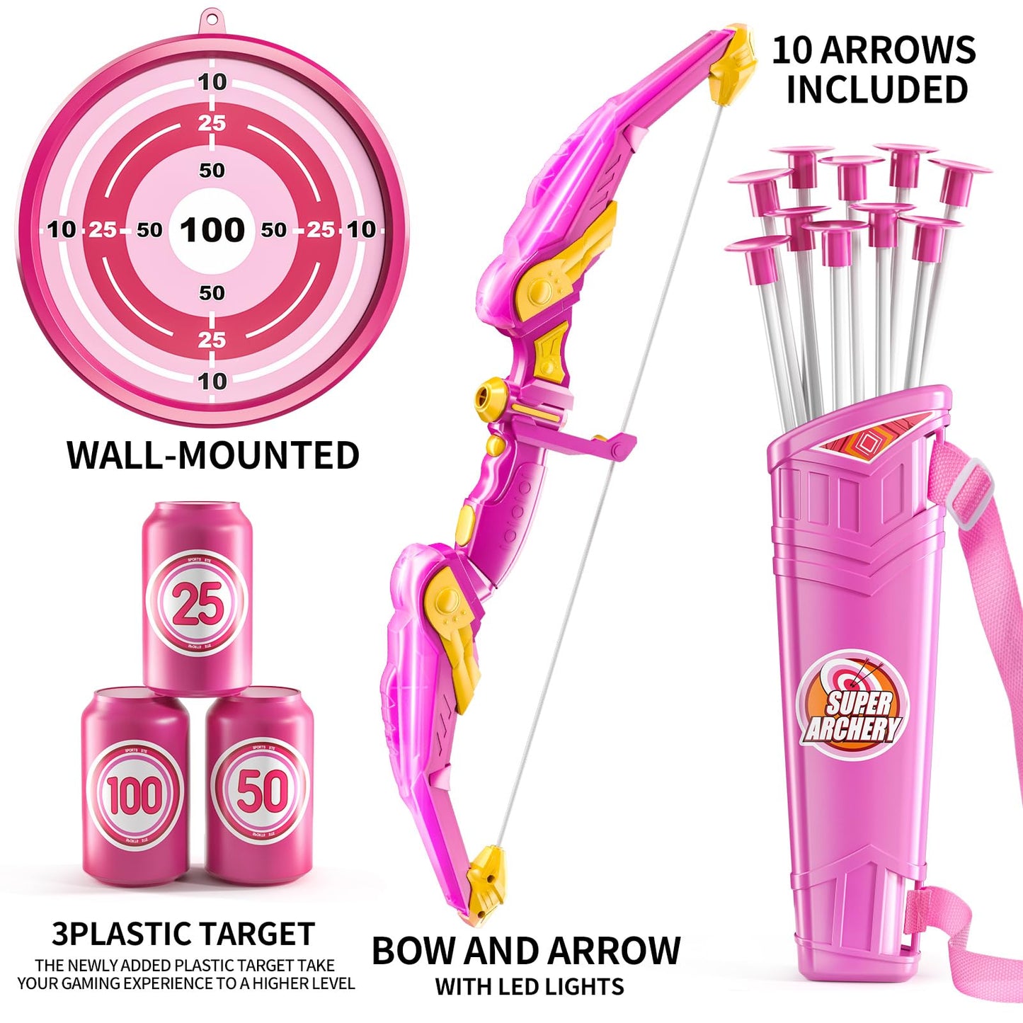 TEMI Bow and Arrow for 3 4 5 6 7 8 9 10 Year Old Kids Girls, LED Light Up Archery Toy with 10 Suction Cup Arrows, 4 Target & Quiver, Indoor Outdoor Sport Toys, Birthday Gift Toys for Kids Girls