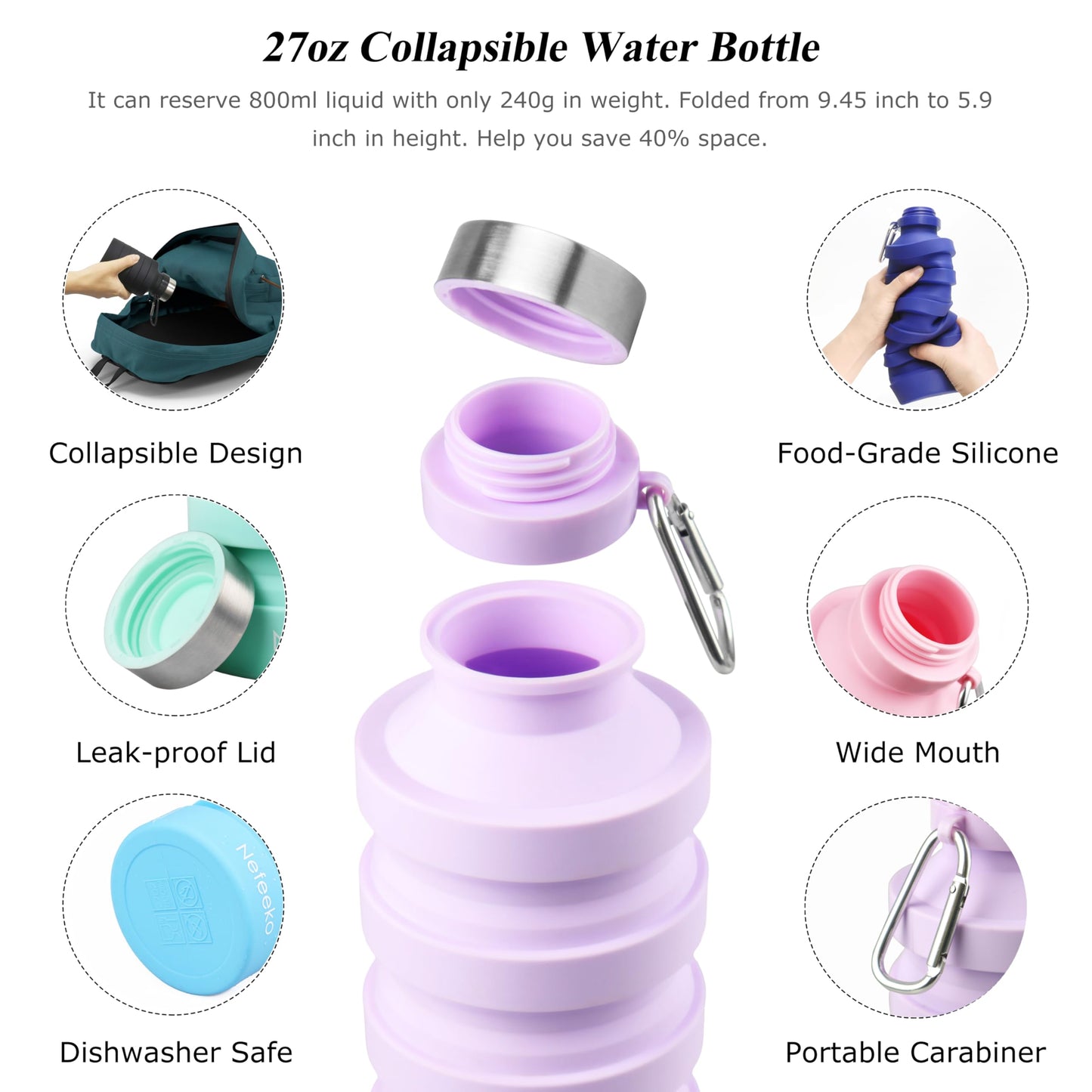 Nefeeko Collapsible Water Bottle, 27oz Reuseable BPA Free Silicone Foldable Portable Leak Proof Sports Water Bottle with Carabiner for Travel Gym Camping Hiking